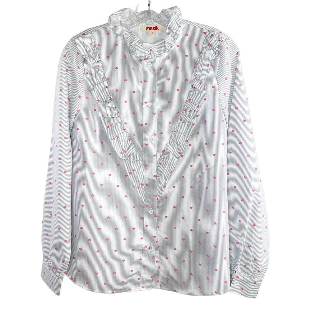 Long Sleeve Cotton Button Up Blouse White Gray Pinstripe Heart Ruffle Small - Picture 7 of 10